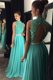 Delicate Turquoise Backless Scoop Beading and Lace Prom Evening Gown Chiffon Sleeveless