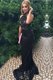 Fashion Mermaid Black Elastic Woven Satin Zipper Prom Dresses Sleeveless With Train Sweep Train Lace and Appliques