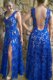 Column/Sheath Blue V-neck Lace Sleeveless Floor Length Backless