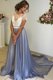 Scoop Cap Sleeves Lace and Bowknot Backless Prom Party Dress with Grey Court Train