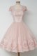 Baby Pink Zipper Prom Gown Lace Cap Sleeves Tea Length