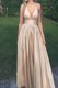 Sexy Halter Top Sleeveless Taffeta Floor Length Zipper Prom Dress in Champagne with Ruching