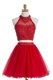 Superior Knee Length Red Prom Gown Halter Top Sleeveless Zipper