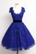 Latest Royal Blue Lace Zipper Scoop Cap Sleeves Knee Length Prom Party Dress Lace