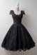 Scoop Black A-line Lace Prom Dress Zipper Lace Cap Sleeves Tea Length