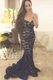Mermaid With Train Zipper Evening Dress Navy Blue for Prom with Lace Sweep Train