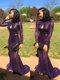 Eggplant Purple Mermaid Sequined High-neck Long Sleeves Sequins Zipper Prom Dresses Sweep Train