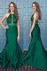 Designer Mermaid Halter Top Sleeveless Prom Party Dress With Train Sweep Train Beading and Lace Green Satin