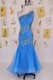 Mermaid One Shoulder Blue Sleeveless Chiffon Zipper Homecoming Dress for Prom and Party