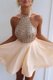 Excellent Peach A-line Chiffon Halter Top Sleeveless Beading Mini Length Backless Homecoming Dress