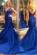 Great Mermaid Royal Blue Dress for Prom Prom and For with Pleated V-neck Sleeveless Court Train Zipper