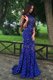 Mermaid Scoop Lace Beading Prom Evening Gown Royal Blue Backless Sleeveless With Train Sweep Train