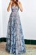 Modest Blue Sleeveless Lace Floor Length Prom Party Dress