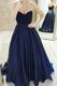 Custom Designed Navy Blue A-line Satin Sweetheart Sleeveless Belt Zipper Prom Party Dress Sweep Train