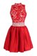 Red Empire V-neck Sleeveless Satin Knee Length Criss Cross Beading and Lace