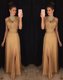 Scoop Sleeveless Floor Length Beading Gold Satin