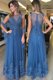 Comfortable Blue Tulle Zipper Scoop Sleeveless Floor Length Prom Dress Beading and Appliques
