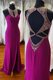 Glorious Fuchsia Column/Sheath Elastic Woven Satin Scoop Sleeveless Beading Backless Prom Gown Sweep Train