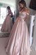 Flare Off the Shoulder Floor Length Pink Prom Dress Satin Short Sleeves Beading