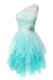 Elegant One Shoulder Aqua Blue Sleeveless Beading Knee Length Evening Dress