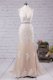 Scoop Champagne Mermaid Beading and Appliques Prom Dresses Backless Tulle Sleeveless With Train