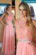 Cheap Pink High-neck Neckline Beading and Lace Prom Dresses Sleeveless Zipper