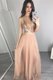 Delicate Peach A-line V-neck Sleeveless Tulle Floor Length Zipper Sequins and Pleated