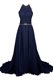 Noble Halter Top Lace Sleeveless Floor Length Beading Zipper Homecoming Dress with Navy Blue