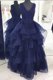 Best Selling Navy Blue Organza Backless V-neck Sleeveless Floor Length Dress for Prom Beading and Appliques and Ruffles