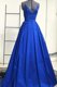 Royal Blue Sleeveless Satin Sweep Train Criss Cross Prom Dresses for Prom