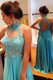 Scoop Sleeveless Beading and Appliques Backless Prom Dress with Blue Sweep Train