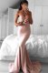 Mermaid Sweetheart Sleeveless Prom Evening Gown Sweep Train Lace Pink Elastic Woven Satin