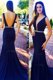 Sleeveless With Train Beading Backless Prom Dress with Navy Blue Sweep Train