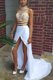White Two Pieces Beading Prom Party Dress Zipper Elastic Woven Satin Sleeveless With Train