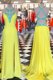 Scoop Yellow Sleeveless Elastic Woven Satin Sweep Train Backless Prom Party Dress for Prom