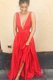 Glorious Pleated Floor Length Red Prom Evening Gown V-neck Sleeveless Zipper