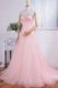 Sweetheart Sleeveless Evening Dress With Train Sweep Train Beading and Ruching Pink Organza