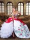 Best Selling Off the Shoulder Cap Sleeves Organza and Taffeta Floor Length Lace Up 15th Birthday Dress in White and Red with Embroidery and Ruffled Layers