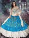 Edgy Off the Shoulder Teal Taffeta Lace Up Ball Gown Prom Dress Cap Sleeves Embroidery and Ruffled Layers