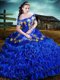 Clearance Off the Shoulder Royal Blue Ball Gowns Embroidery and Ruffled Layers Quinceanera Gowns Lace Up Organza Short Sleeves Floor Length