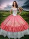 Off the Shoulder Watermelon Red Sleeveless Embroidery and Ruffled Layers Floor Length Quinceanera Dress