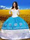Fine Off The Shoulder 3 4 Length Sleeve Sweet 16 Dress Floor Length Lace and Embroidery Blue And White Taffeta