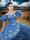 Free and Easy Blue Lace Up Off The Shoulder Appliques and Ruffles Sweet 16 Dress Organza Short Sleeves