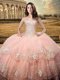 Modern Peach Tulle Lace Up Sweetheart Sleeveless Floor Length Quinceanera Gowns Beading and Embroidery