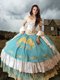 Off The Shoulder Short Sleeves Sweet 16 Quinceanera Dress Floor Length Lace and Embroidery and Ruffled Layers Blue And White Taffeta