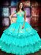 Sexy Ruffled Ball Gowns Sweet 16 Dress Turquoise Off The Shoulder Organza Sleeveless Floor Length Lace Up