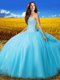 New Style Aqua Blue Tulle Lace Up Sweet 16 Dress Sleeveless Floor Length Beading and Bowknot