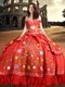 Perfect Ball Gowns 15th Birthday Dress Red Off The Shoulder Taffeta Sleeveless Floor Length Lace Up
