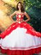 Elegant White And Red Ball Gowns Sweetheart Sleeveless Organza and Taffeta Floor Length Lace Up Embroidery and Ruffles Sweet 16 Dress