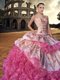 Pink And White Organza Lace Up Sweetheart Sleeveless With Train Quinceanera Dress Court Train Embroidery and Ruffles